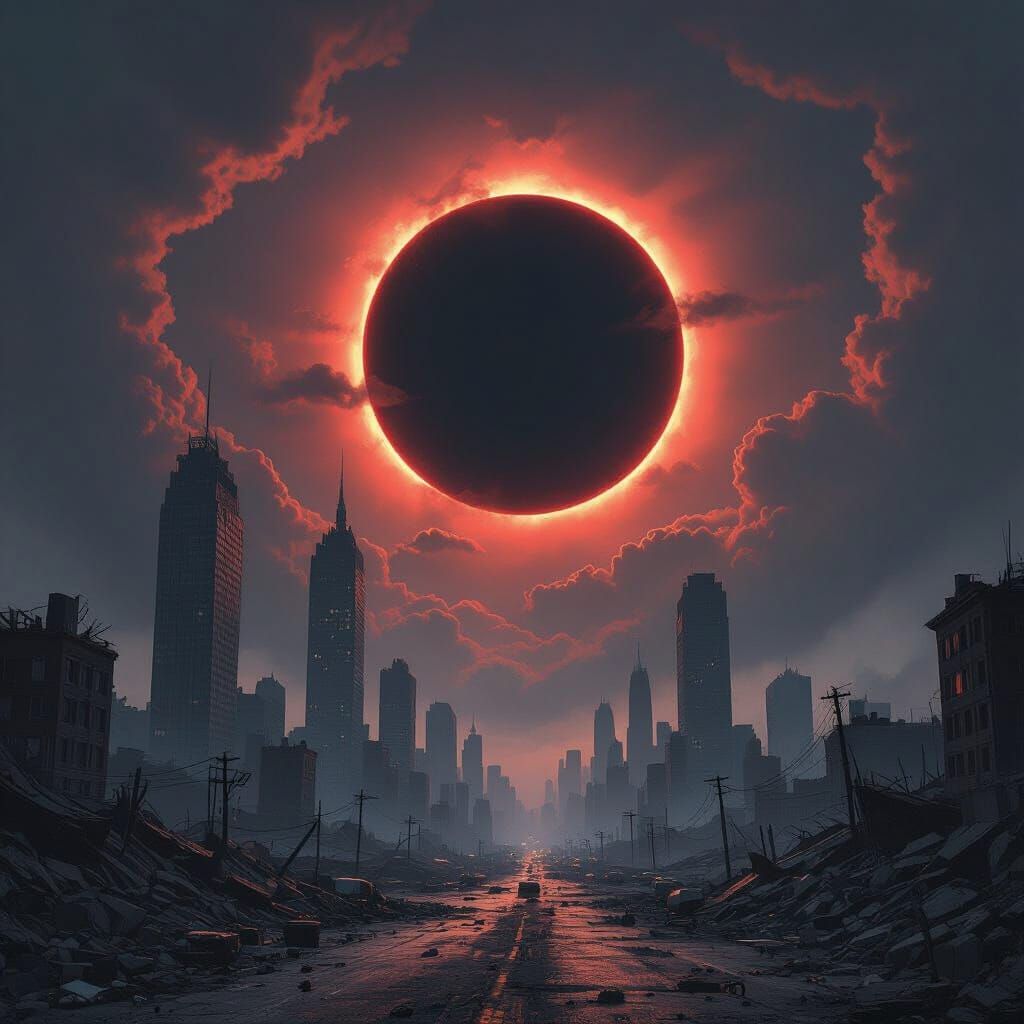 Dystopian Cityscape Under Dark Red Eclipse