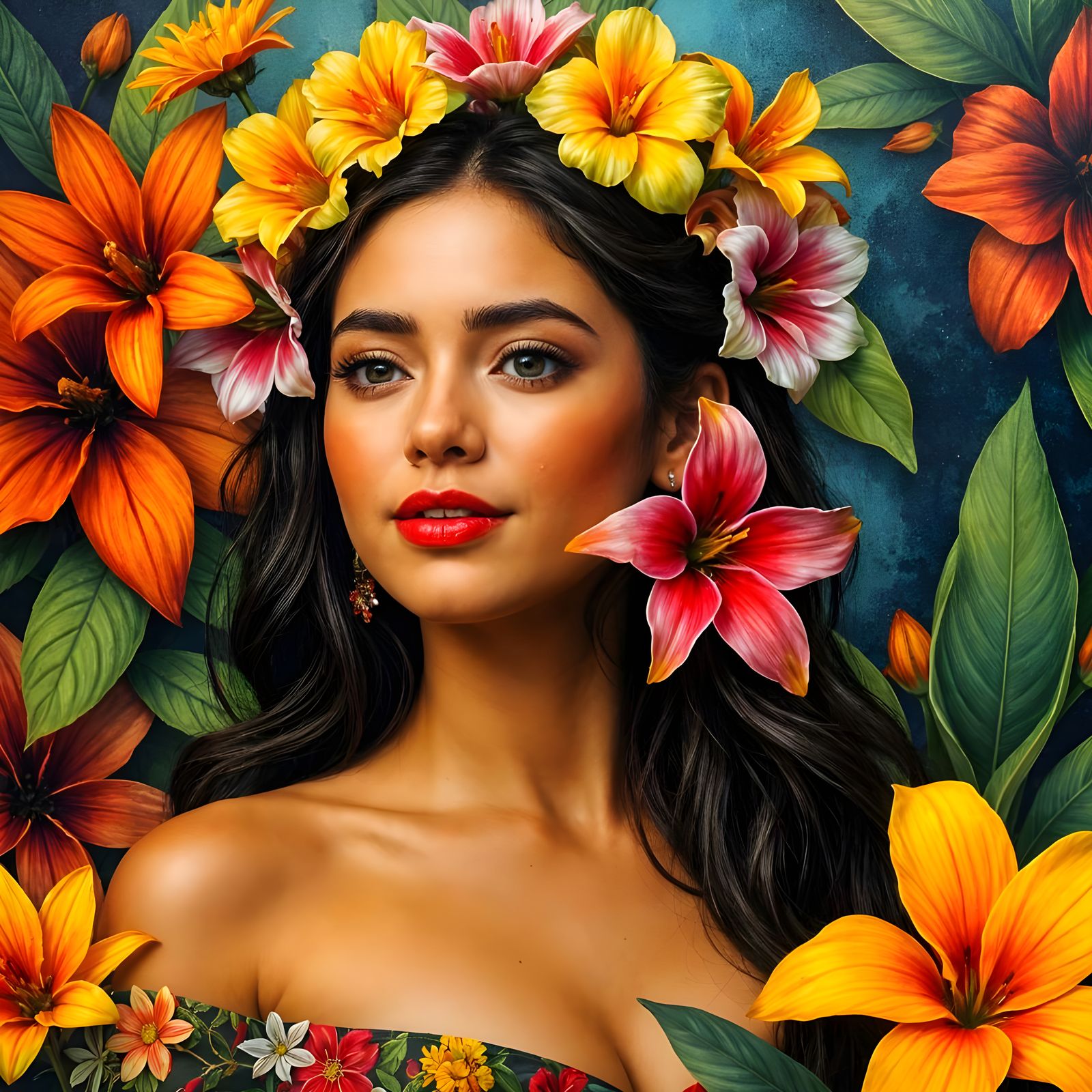 Vibrant Amazonian Goddess Surrounded by Macaws