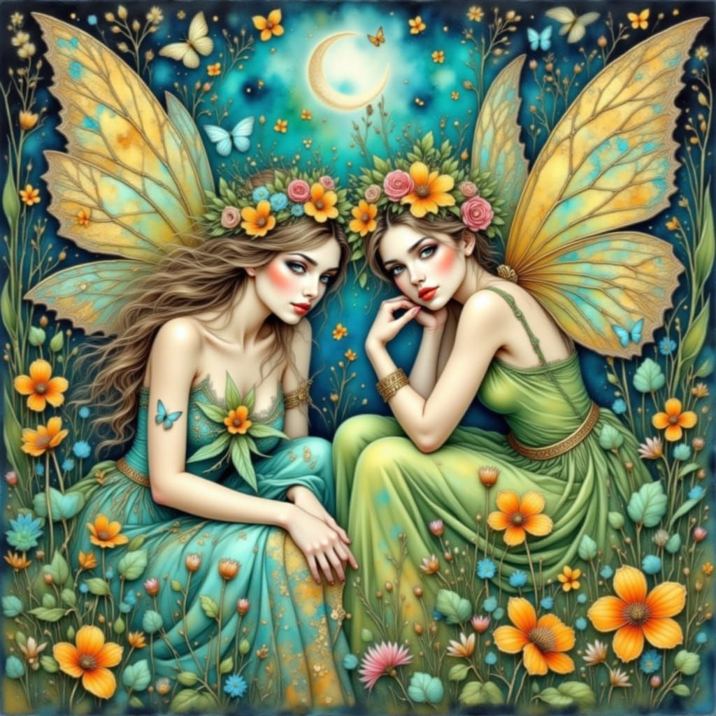 Whimsical Art Nouveau Fairies in Golden Watercolor