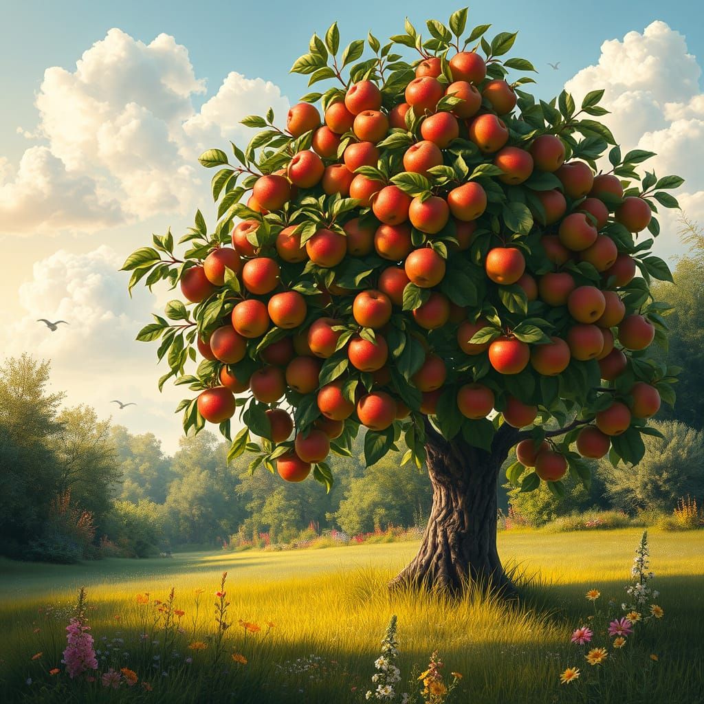Vibrant Paradise Garden with Apple Tree