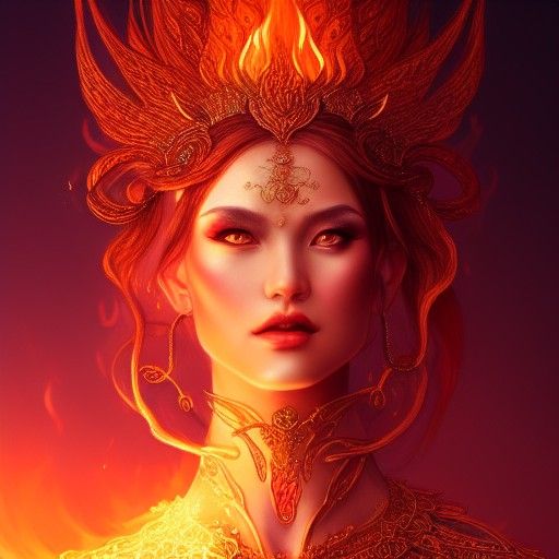 Ethereal Fire Goddess in Flames: Digital Art