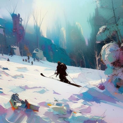 Surreal Winter Landscape Painting of Skier