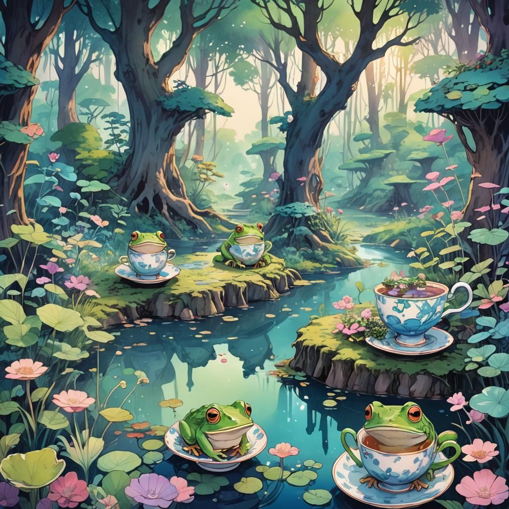 Frogs in Teacups: Whimsical Anime Forest Landscape