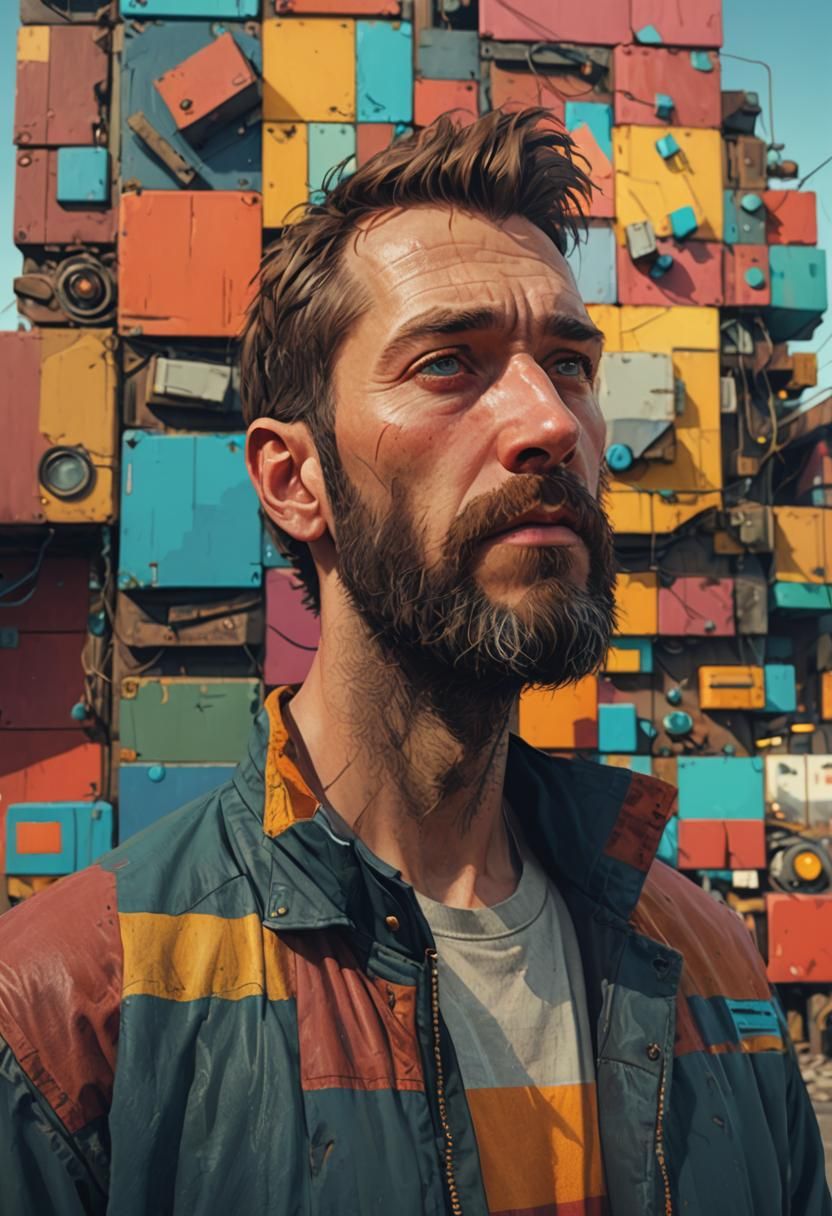 Man Before Glowing Color Blocks in Matte Painting Style