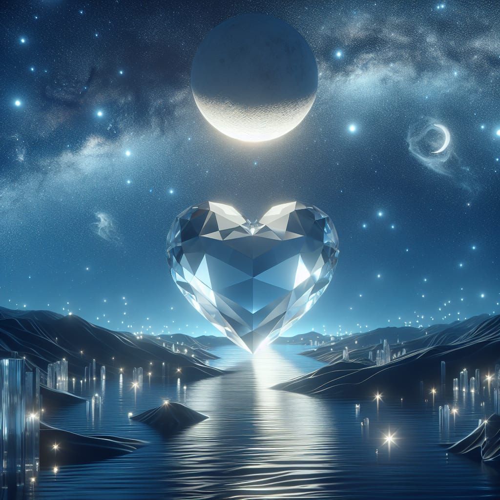 Crystal Heart Reflecting Galaxy, Detailed 3D Render