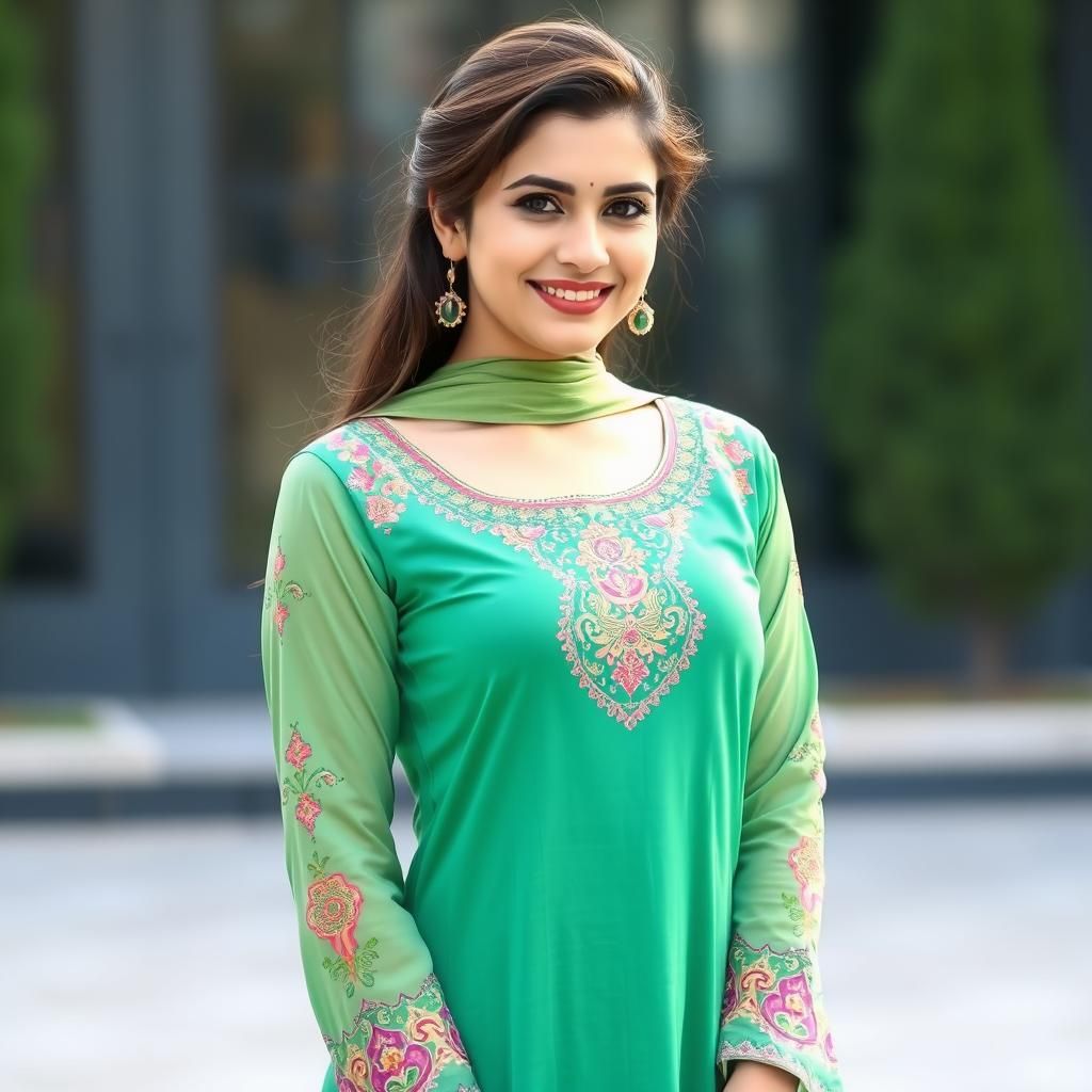 Pakistani Woman in Green Kameez Shalwar Portrait