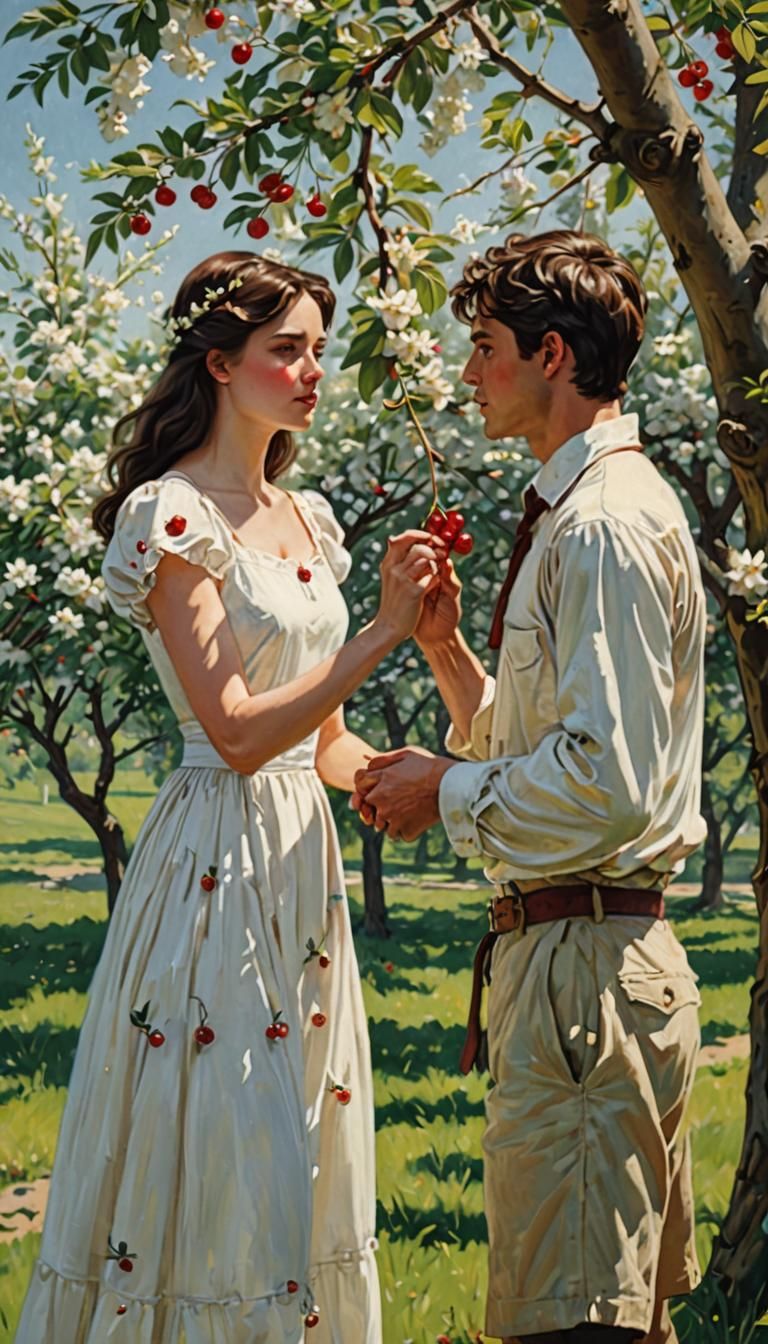 Woman Receives Cherry Branch from Man