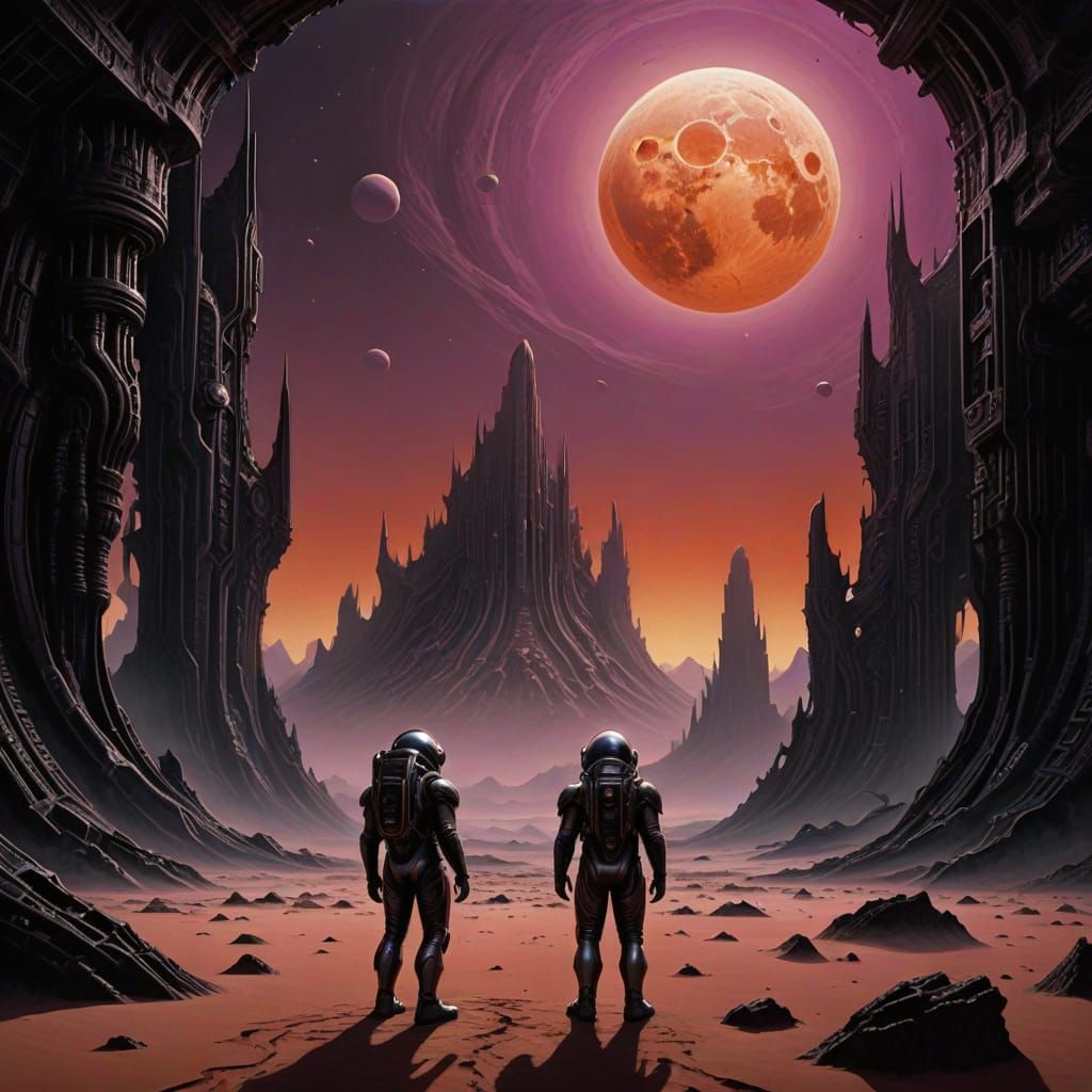 Astronaut on Alien Planet with Binary Sunset