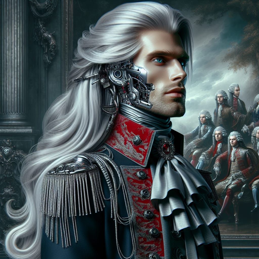Glamorous Cybernetic Aristocrat in Rococo-Inspired Splendor