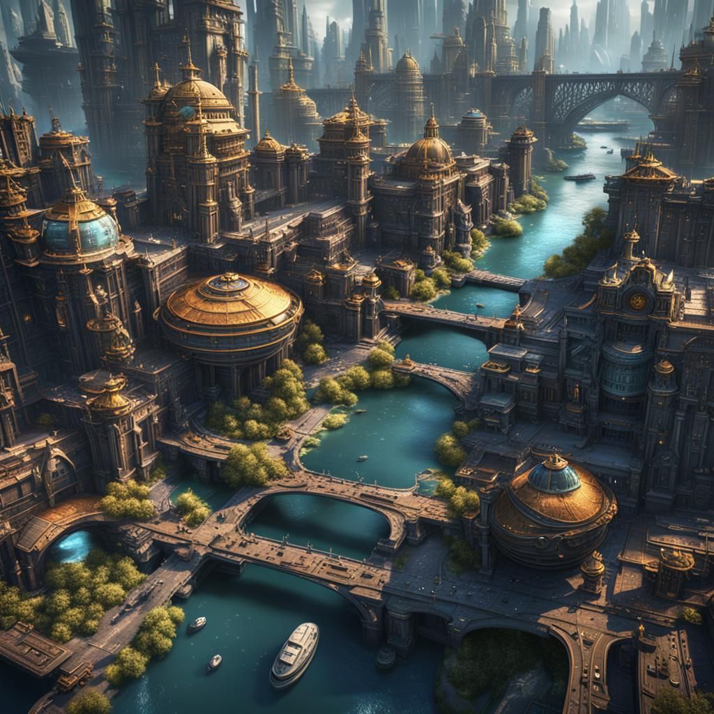 Futuristic Cityscape with Waterways in Detailed Matte Painti...