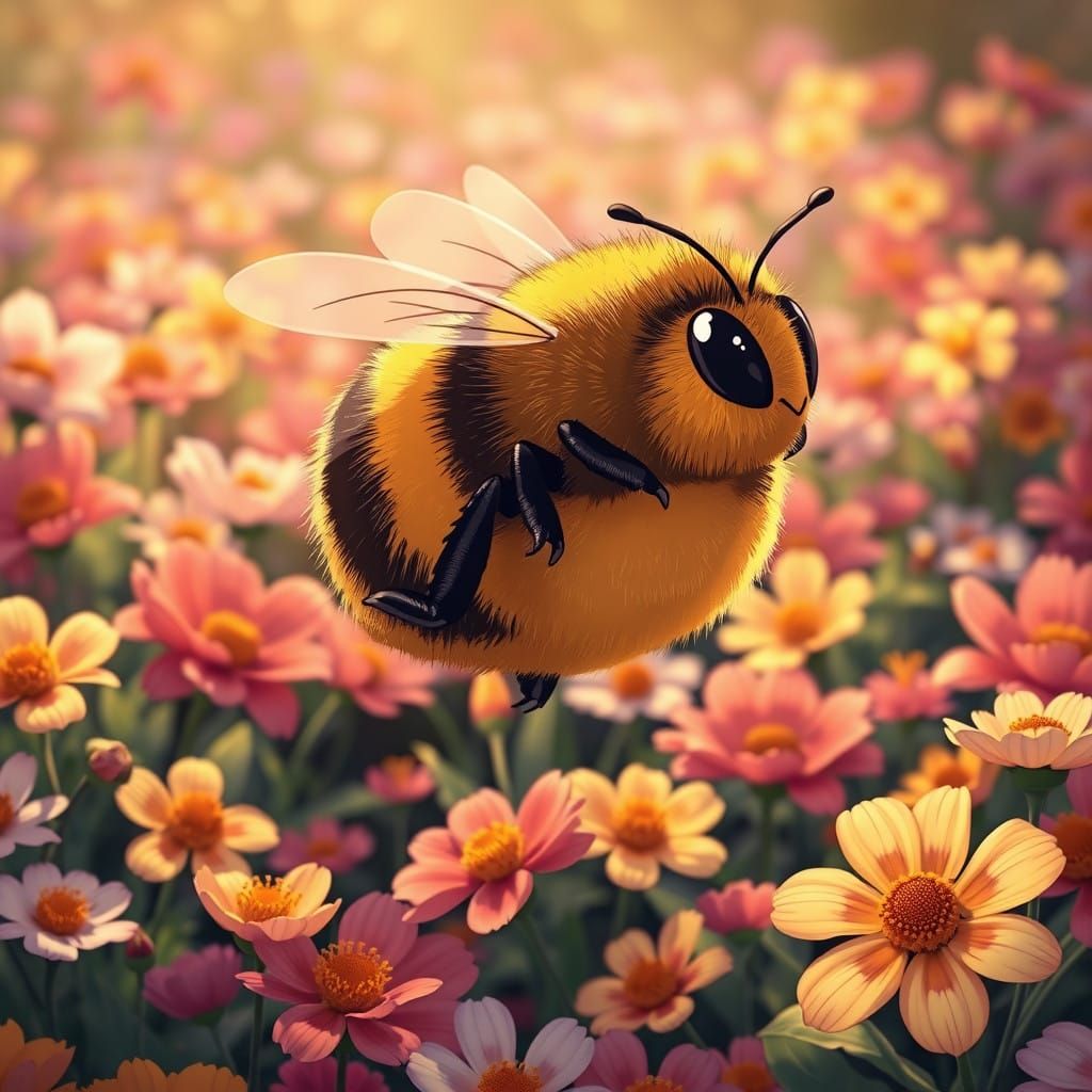 Chubby Bee Soars Over Vibrant Garden Blooms in Studio Trigge...