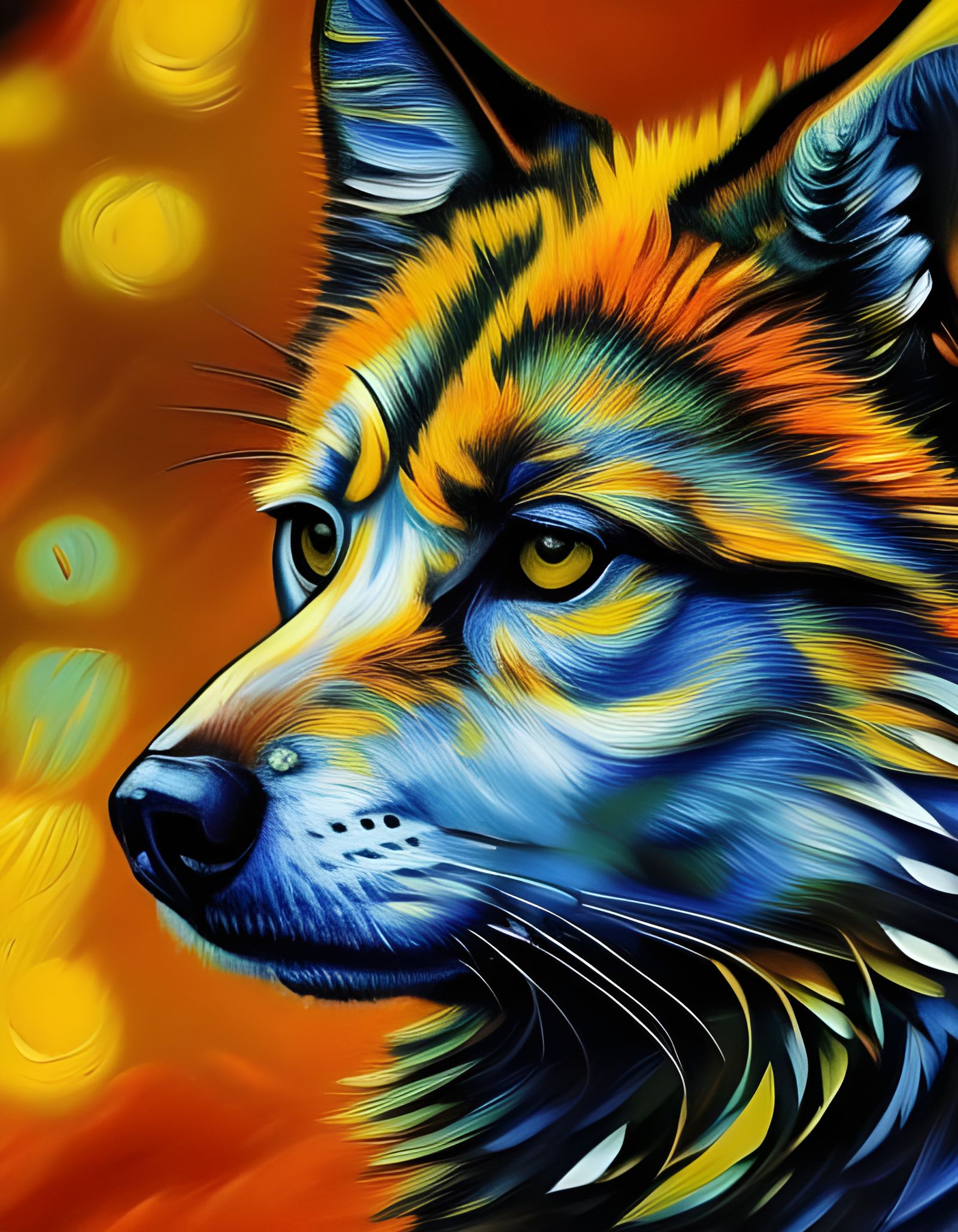 Cyberpunk Autumn Wolf Portrait in Impasto Style