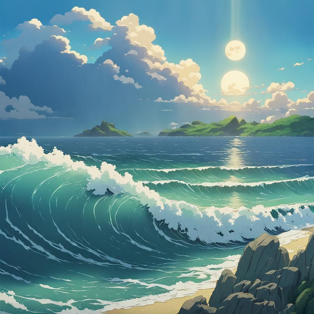 Ocean Waves in Studio Ghibli Anime Style