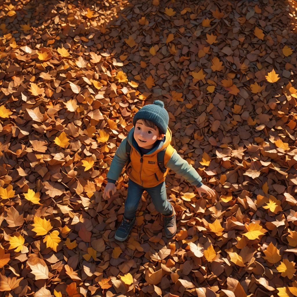 Child Plays in Autumn Leaves: 3D Digital Art