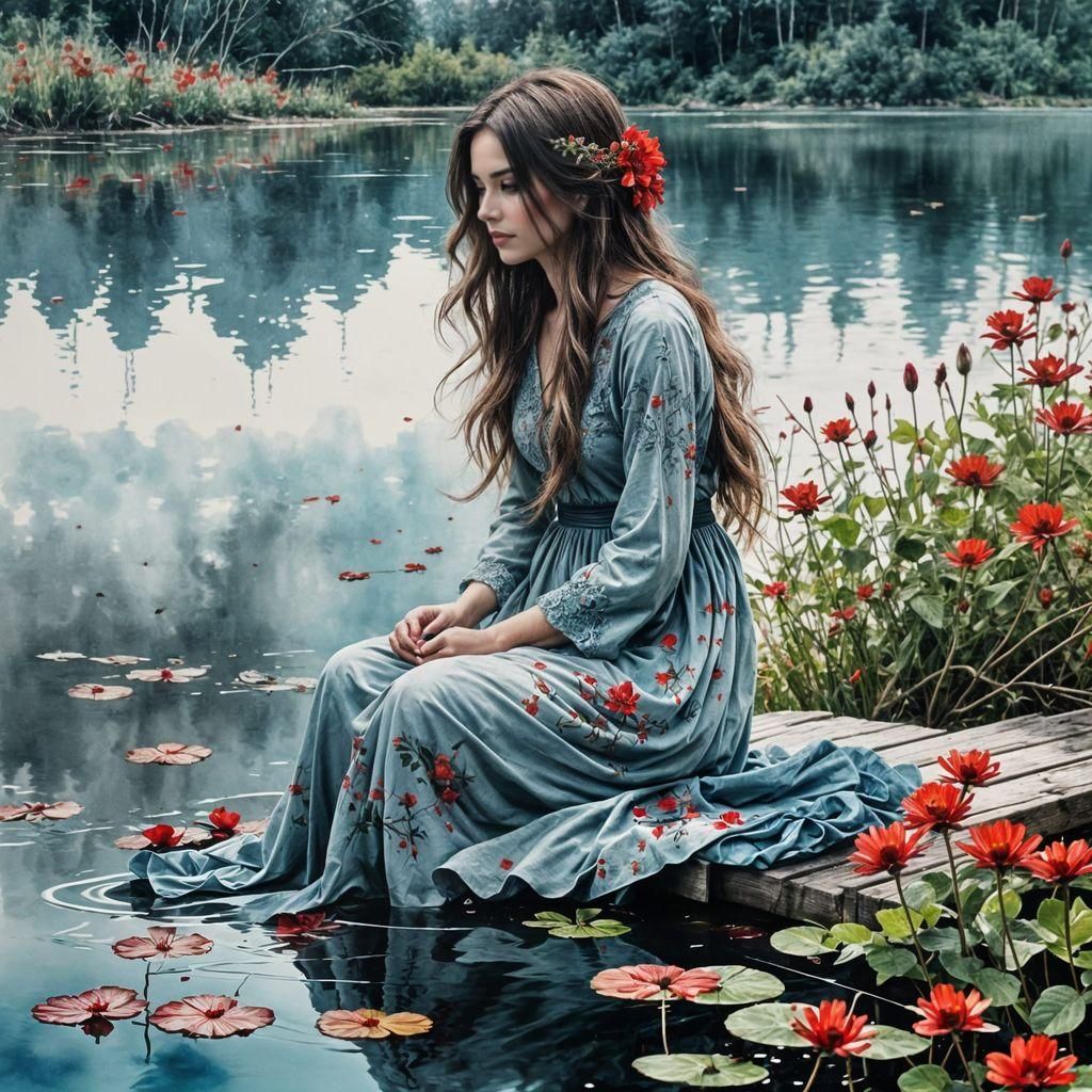 Monochrome Lake Scene in Watercolor Style