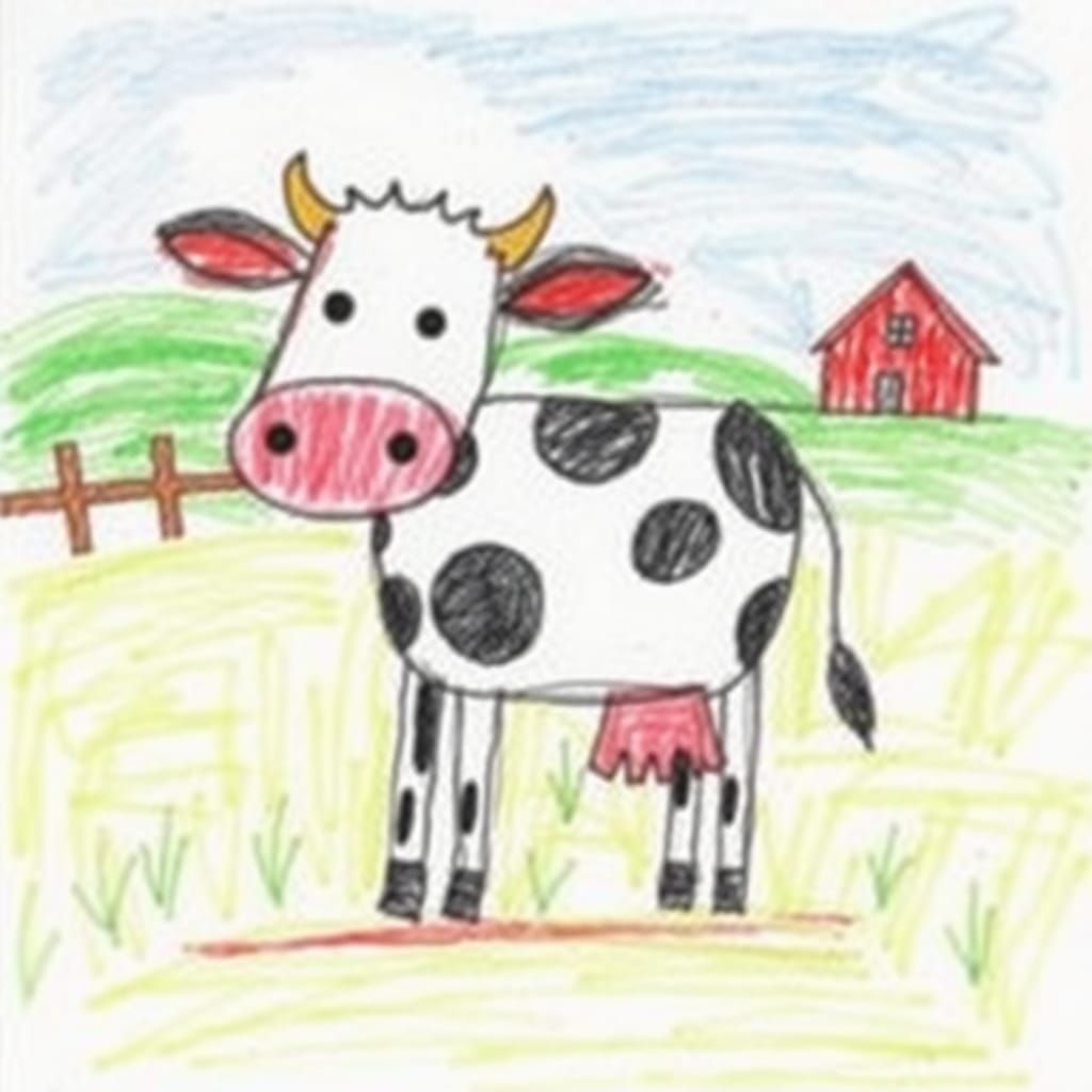 Child's Crayon Sketch of Cow on Farm