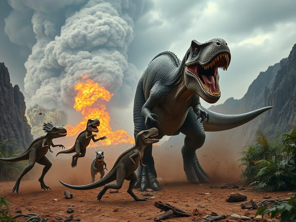 Dinosaurs in Epic Prehistoric Battle, Rendered in Cinematic...