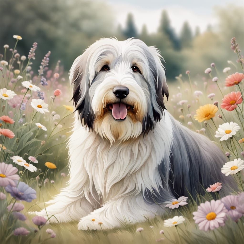 Whimsical Bearded Collie in a Springtime Meadow