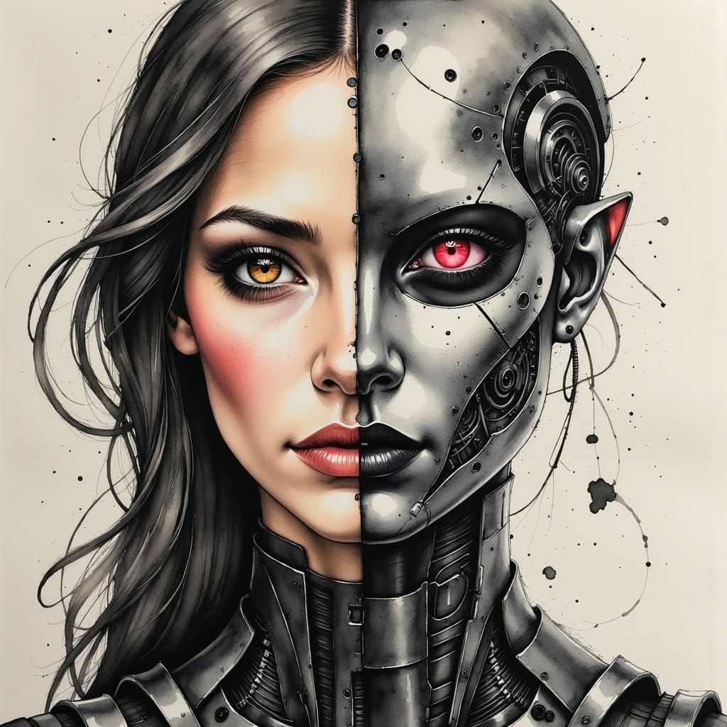 Split Face Portrait: Human and Cyborg in Charcoal
