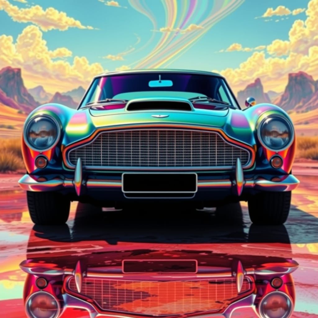 Sleek 1960s Aston-Martin in Mirror Chrome Finish, Set Agains...