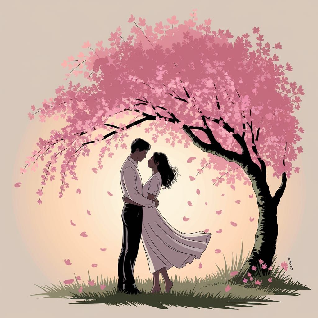 Romantic Lovers Silhouetted Under Cherry Blossom Tree