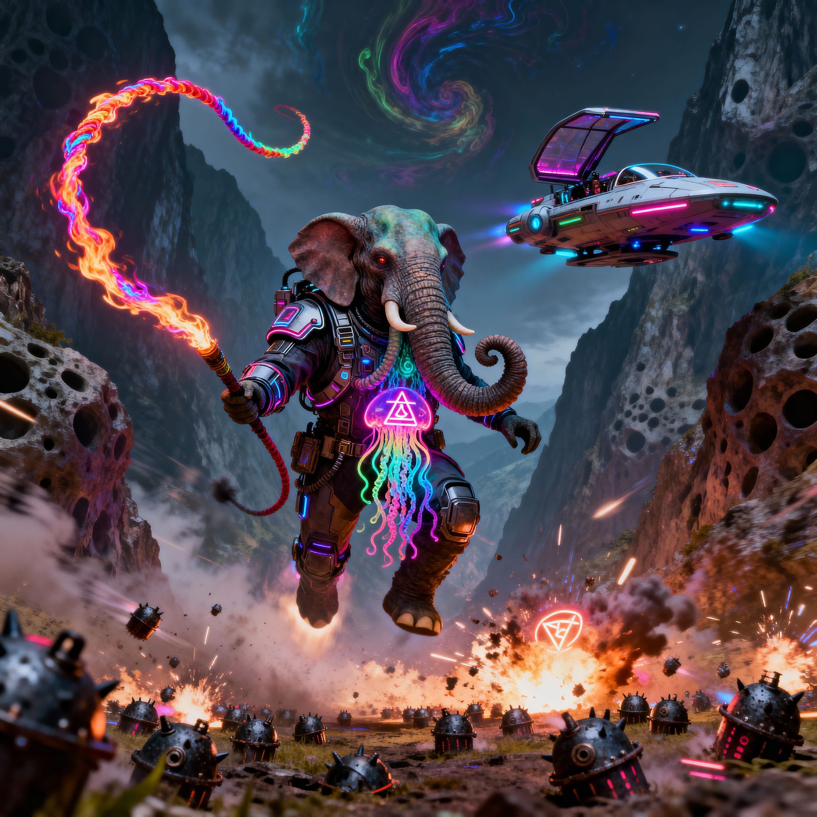 Eerie Retro Sci-Fi Alien with Neon Whip in Cyberpunk Spacecr...