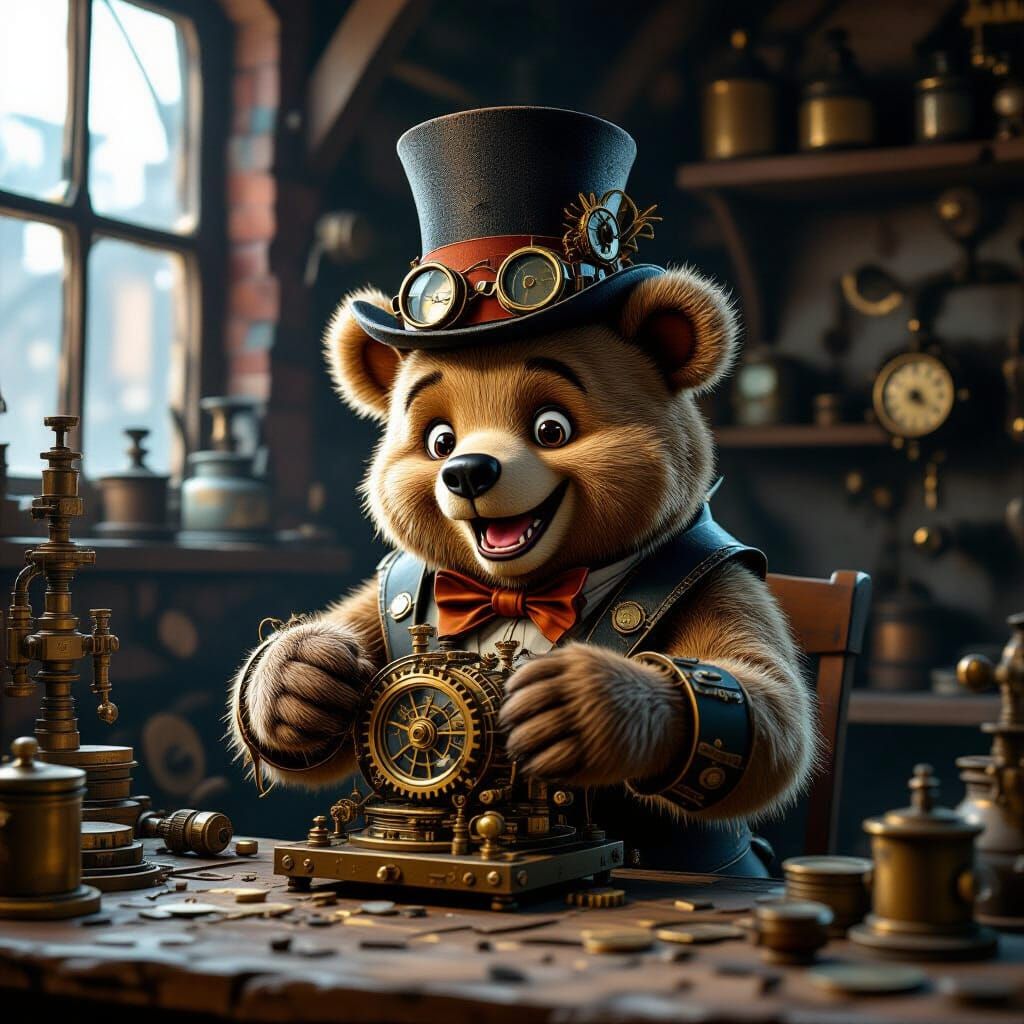 Steampunk Bear Tinkering with Clockwork in Dusty Workshop