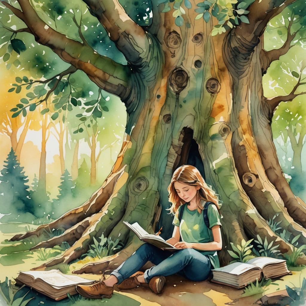 Girl Writing at Base of Giant Tree in Watercolor