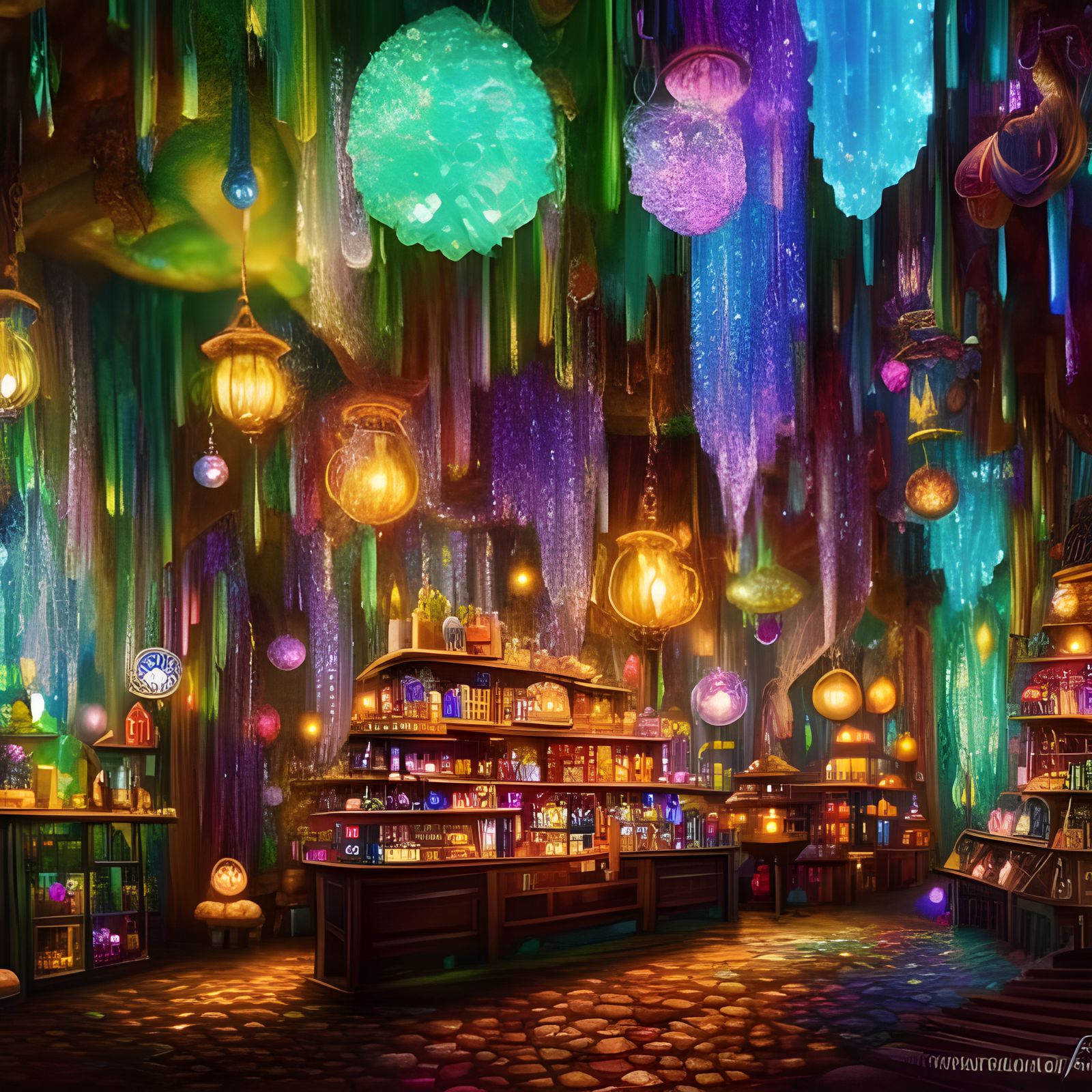 Cozy Crystal Cubism Shop with Iridescent Gemstones