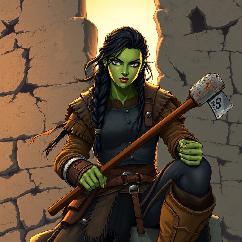 Cyberpunk Warrior Woman Sits on Ruined Castle Wall