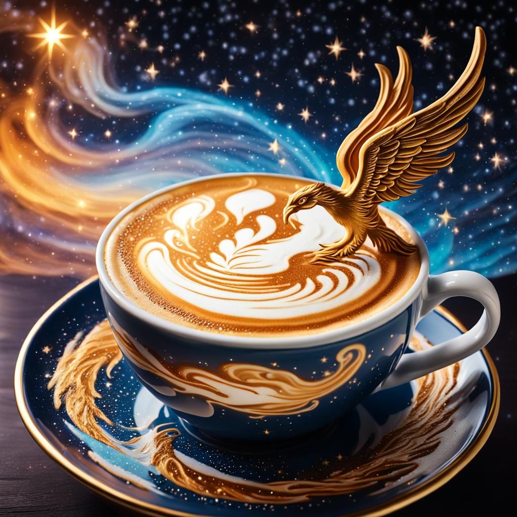Cosmic Latte Art Phoenix in Surreal Style