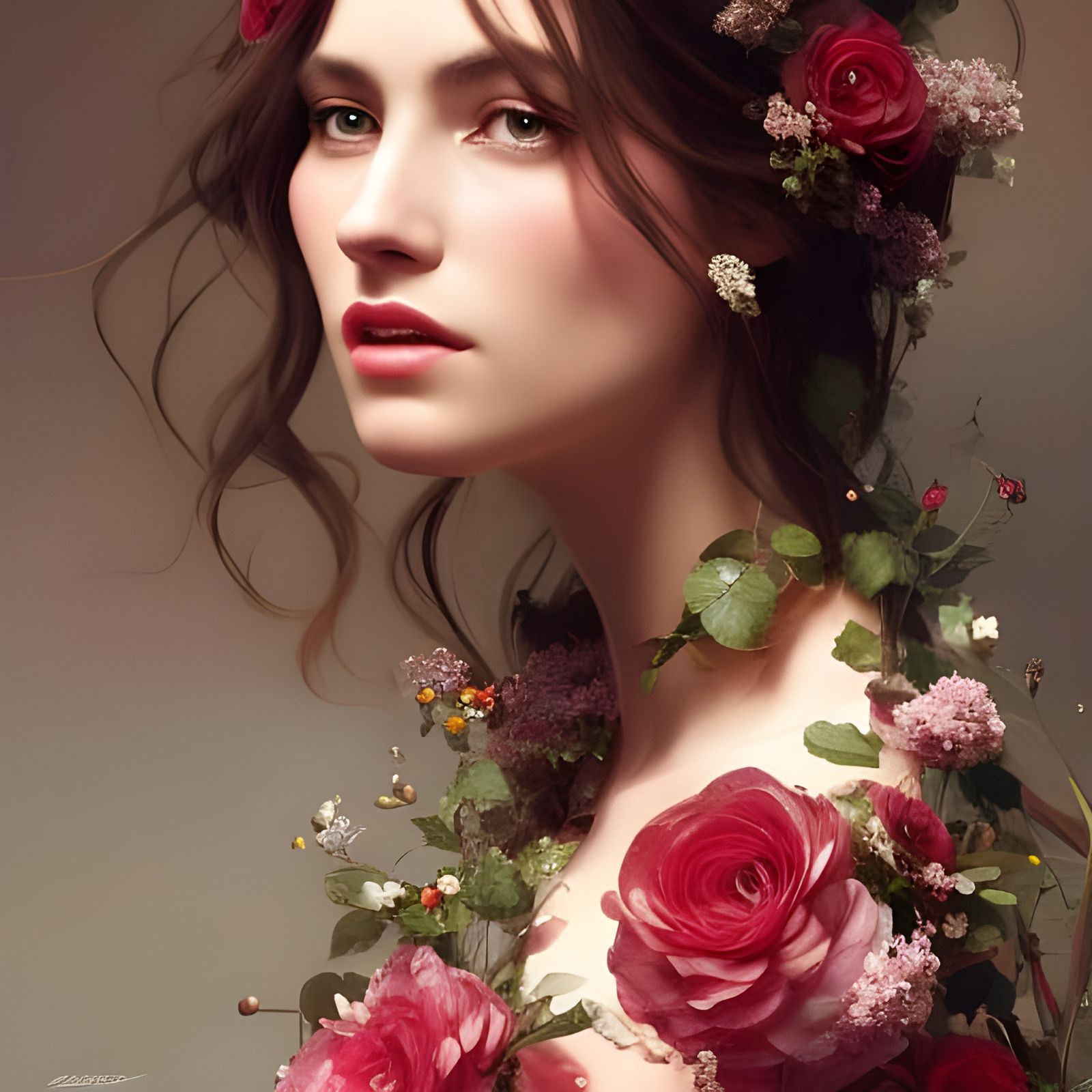 Rose Adorned Woman Portrait in Art Nouveau Style