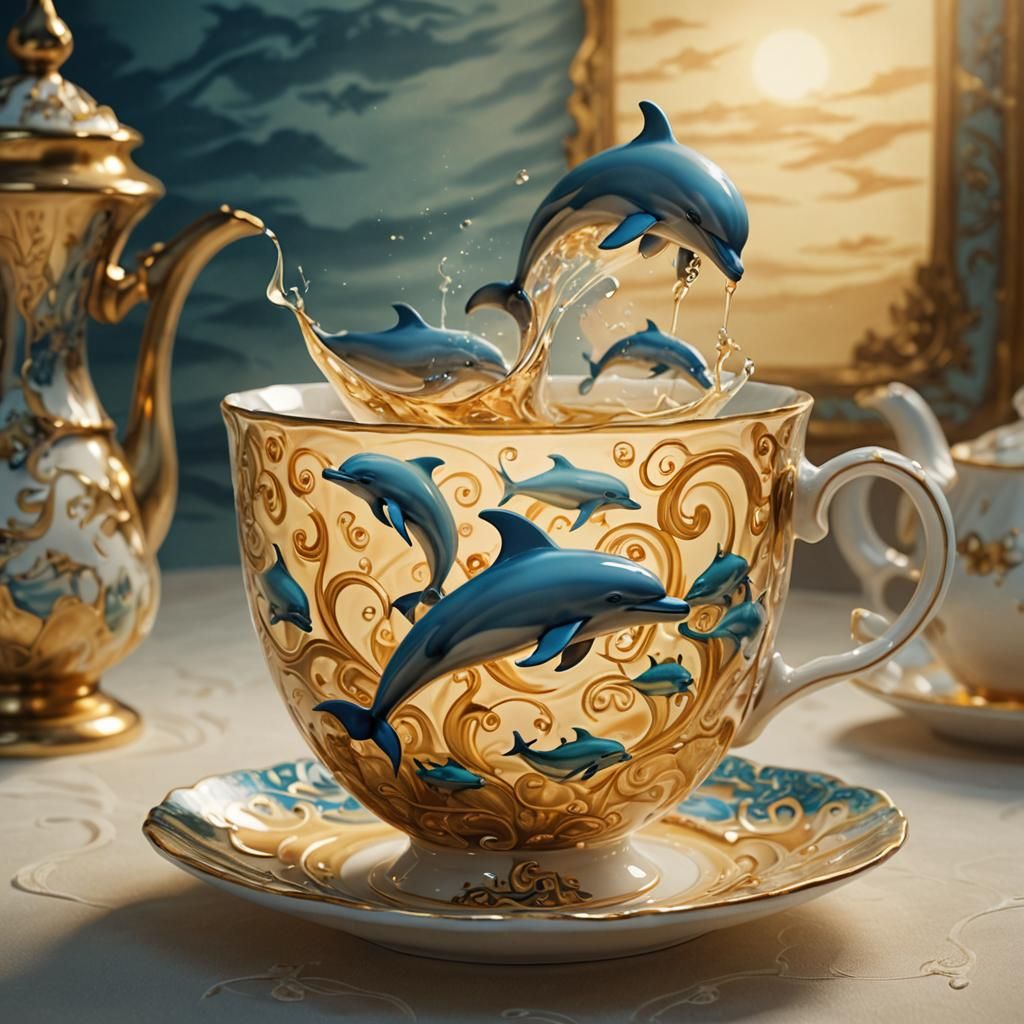 Dolphins Swimming in Teacup: Whimsical Surrealism