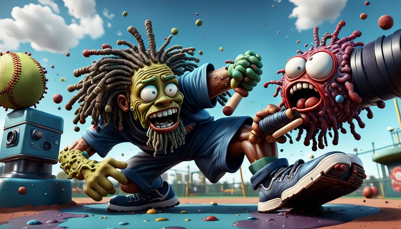 Cartoon Bacteria Play Baseball: Detailed Digital Graffiti Ar...