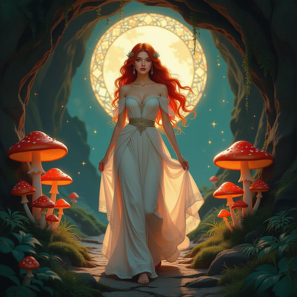 Maiden in Fiery Grotto: A Folk Art Nouveau Scene