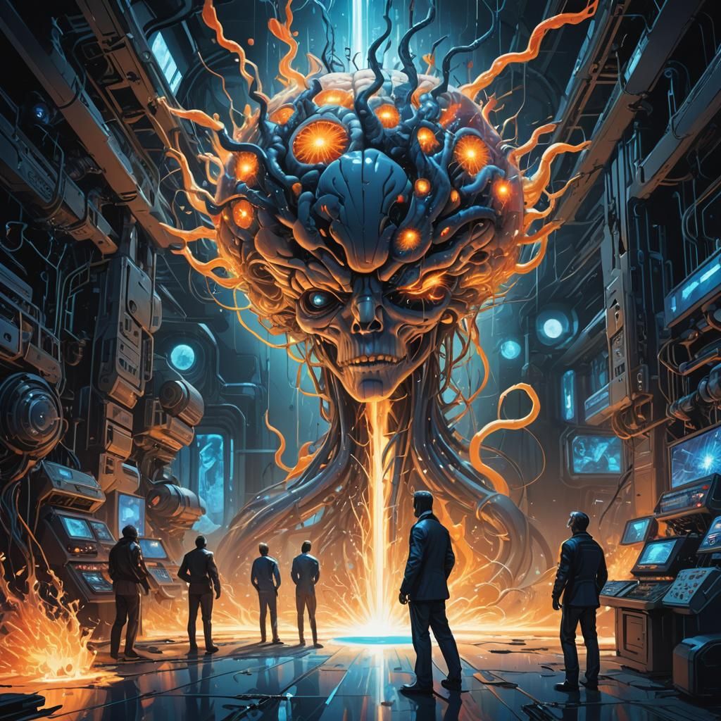 Explosive Brainstorm in Futuristic Lab: Concept Art