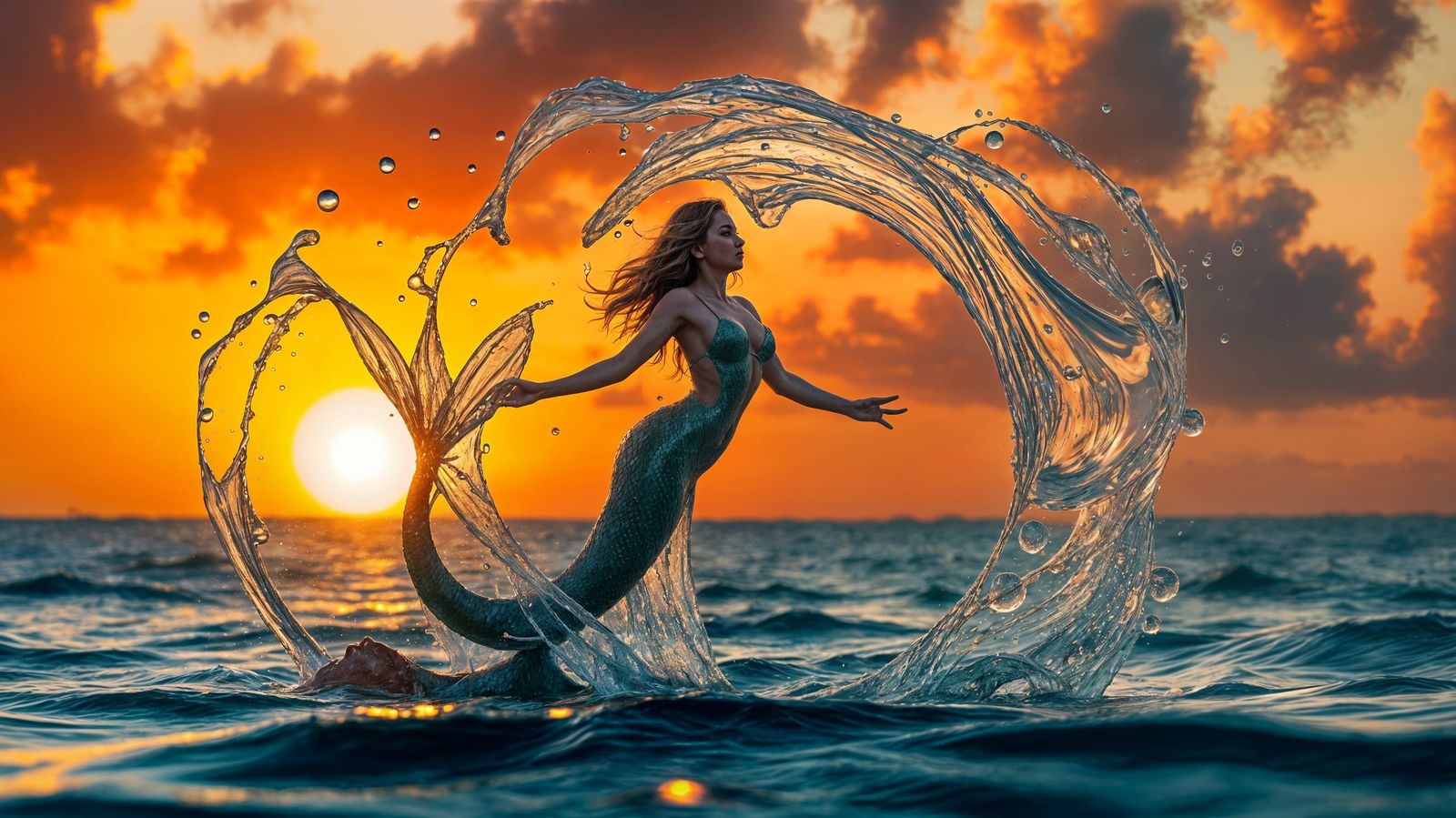 Surreal Mermaid Dances in Sunset Tones