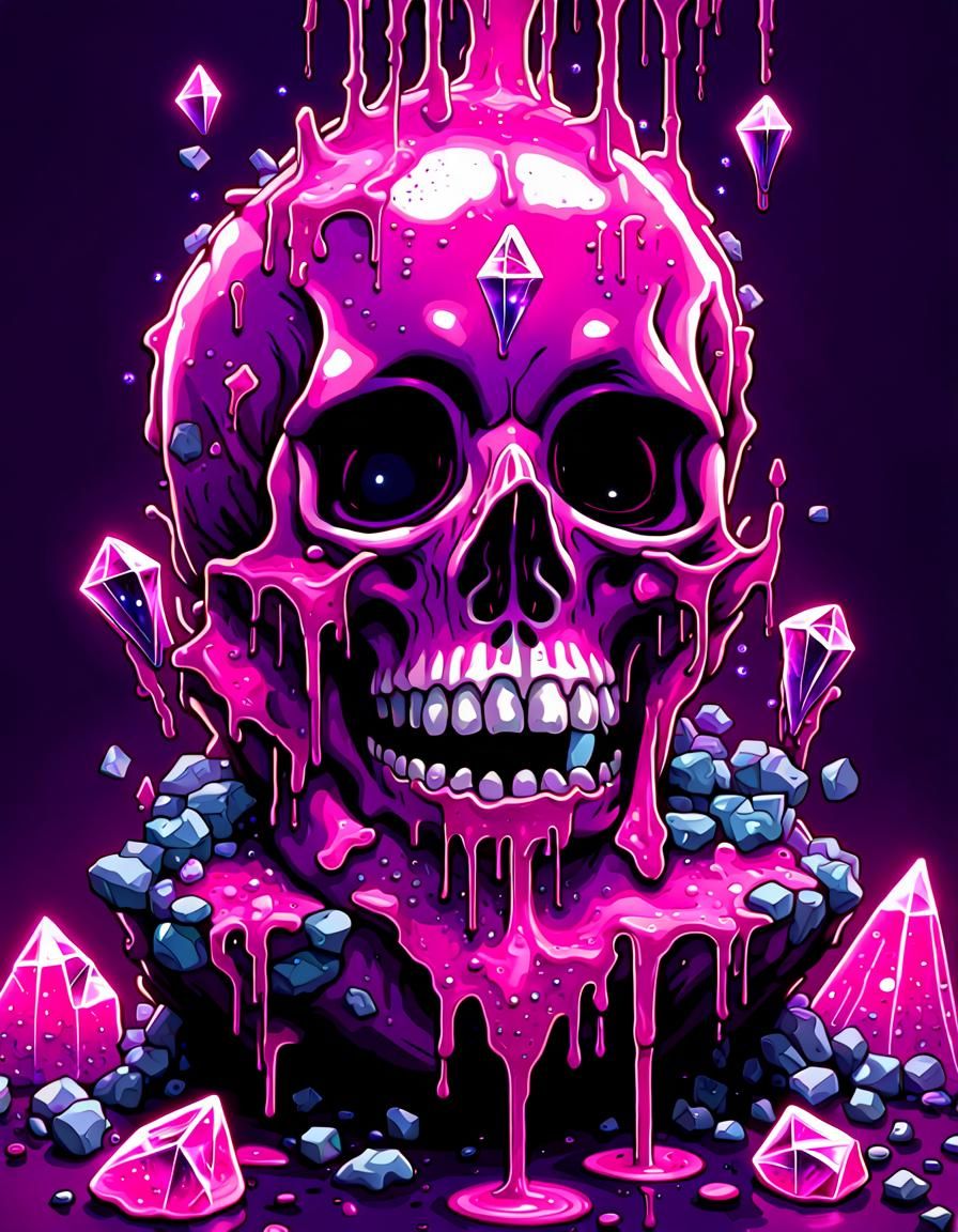 Neon Skull with Crystals and Glowing Runes