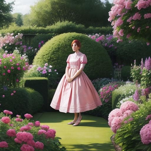 Woman in Pink Silk Dress in Garden
