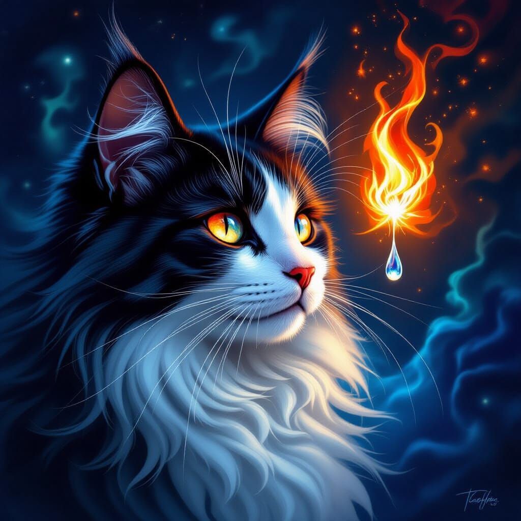 Regal Cat in Surreal Nebula, Eye of Flame and Tear
