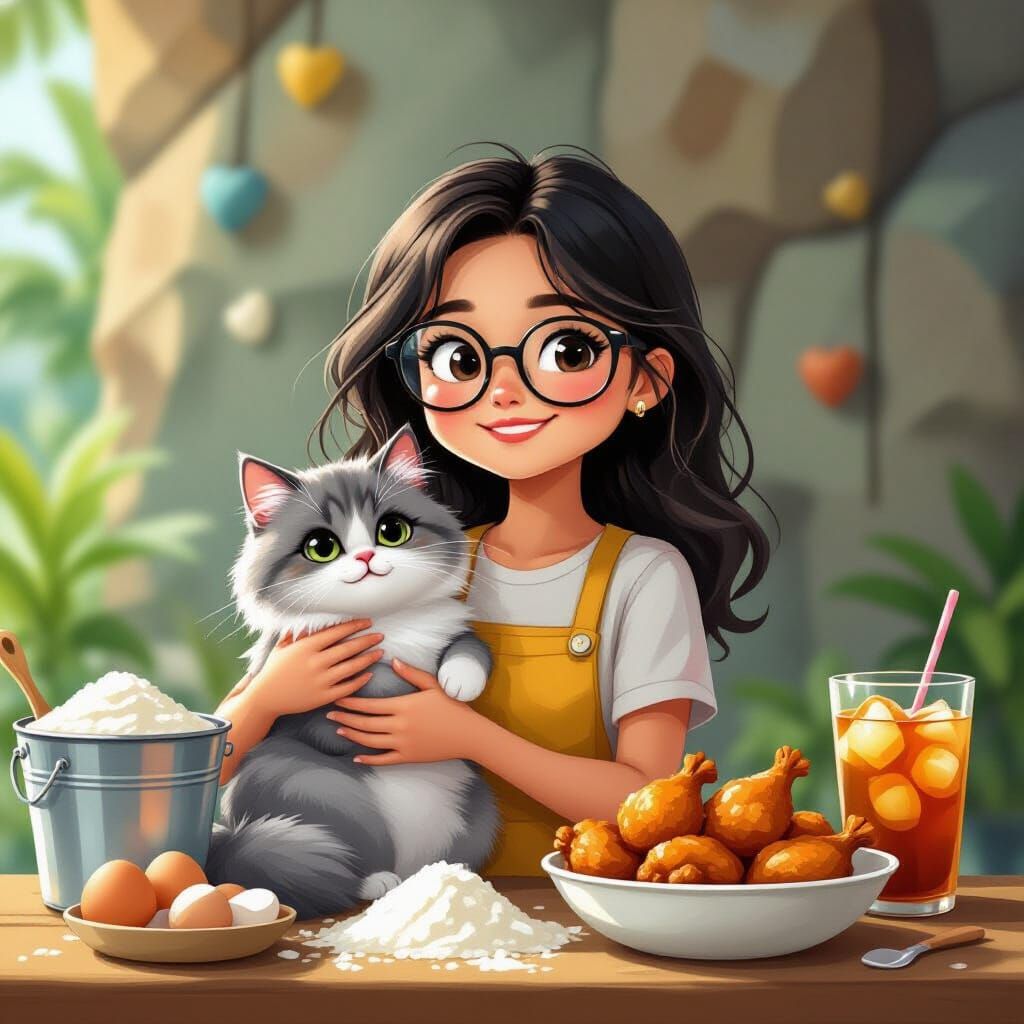 Malay Girl with Cat, Baking, and Chicken