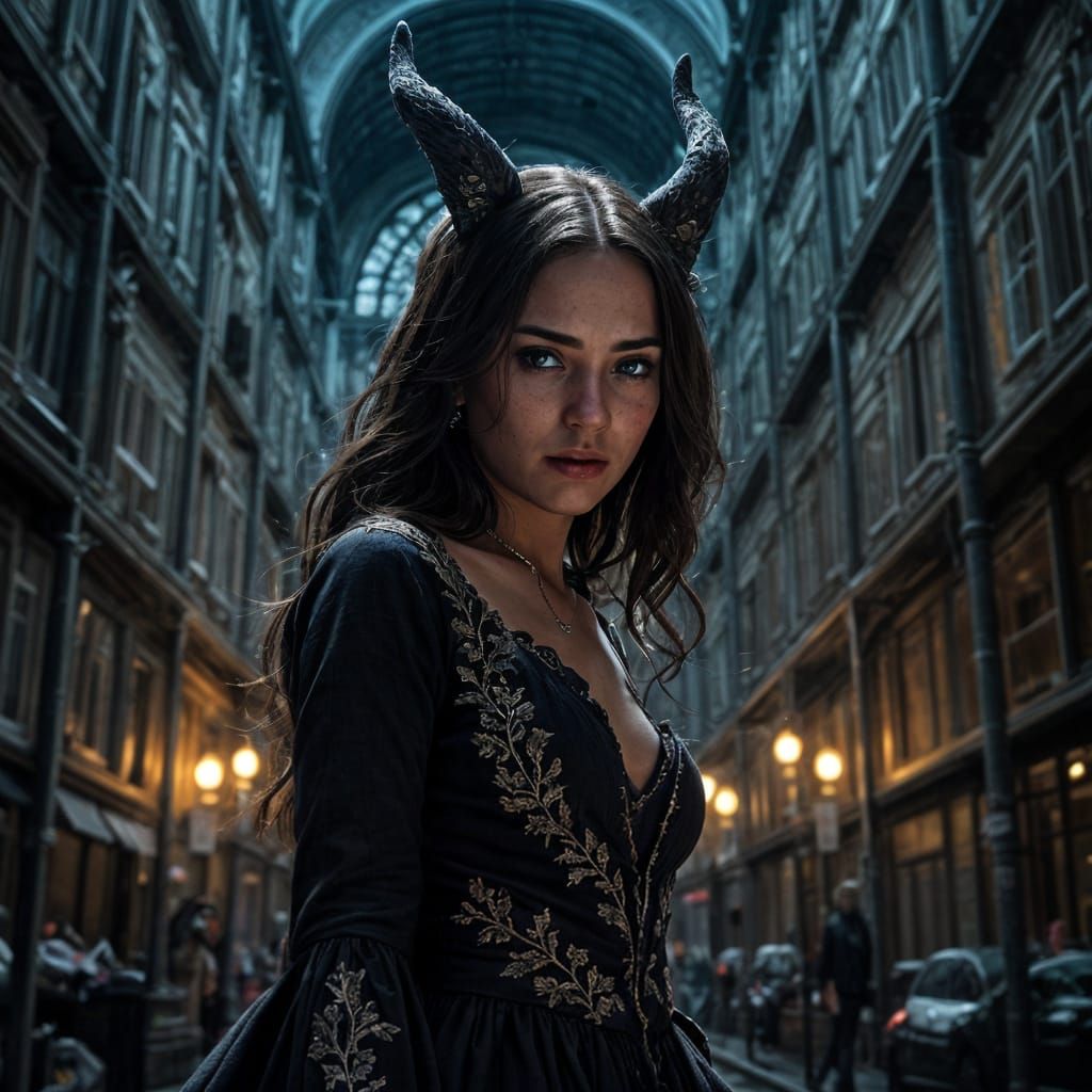 Evil Demoness in Gothic Gown, Cinematic Library Scene