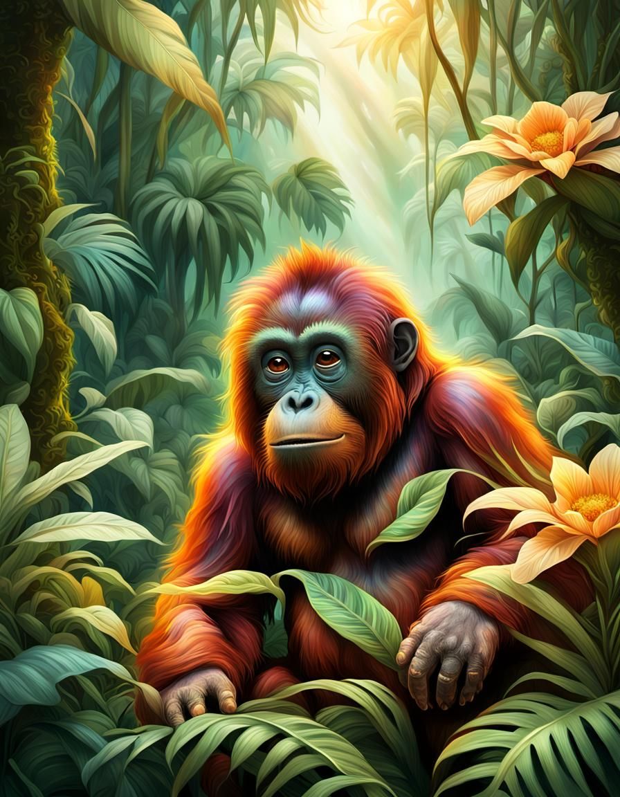 Chibi Orangutan in Jungle, Digital Art