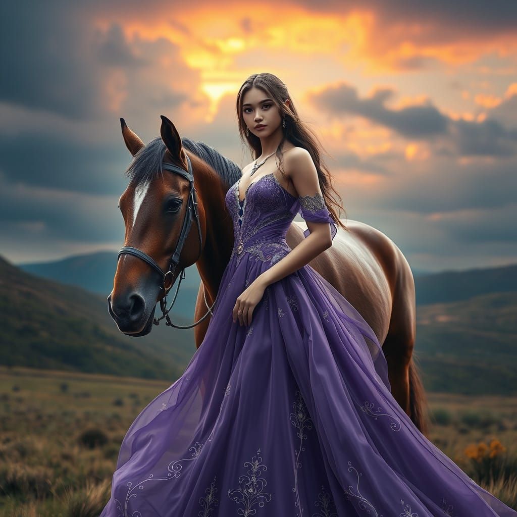 Elegant Fantasy Woman with Majestic Horse in Vibrant Landsca...