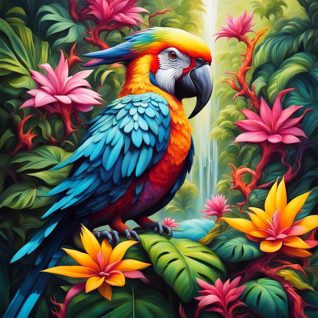 Exotic Birds in Jungle, Graffiti Splash Art