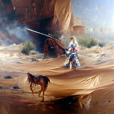 Lone Warrior Confronts Distant Cavalry in Desert