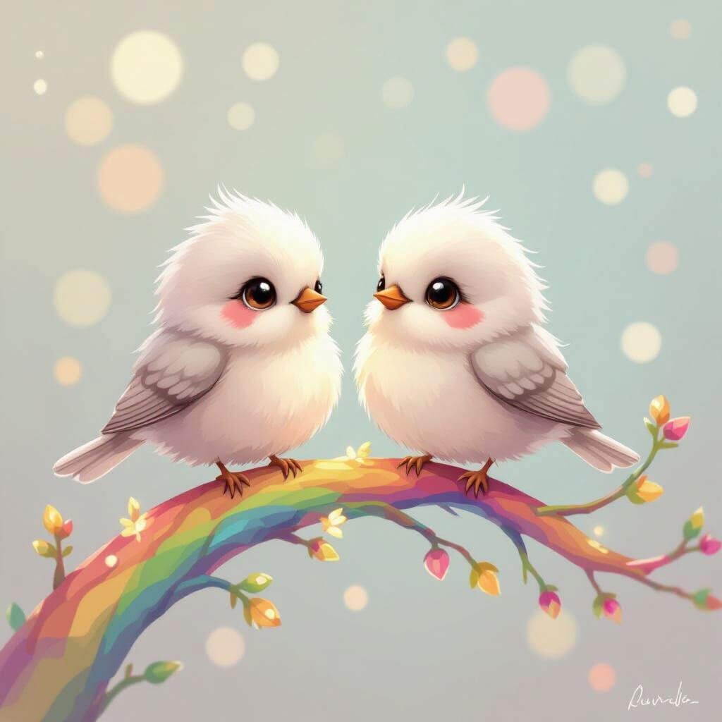 Fluffy Pink and White Birds on Colorful Branch