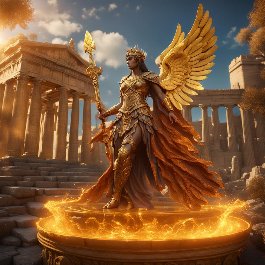 Amber Armored Greek Goddess: Detailed Matte Painting