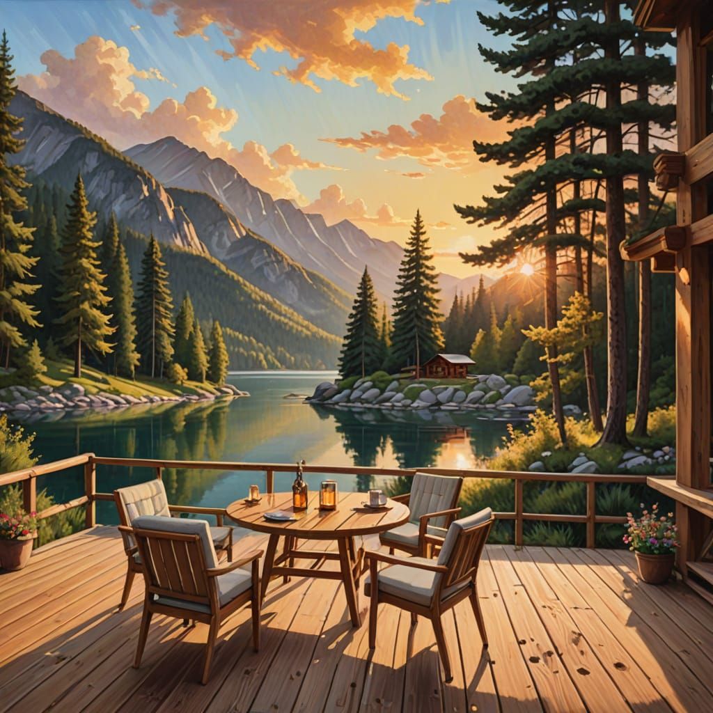 Cozy Mountain Terrace Overlooking Serene Lake at Sunset