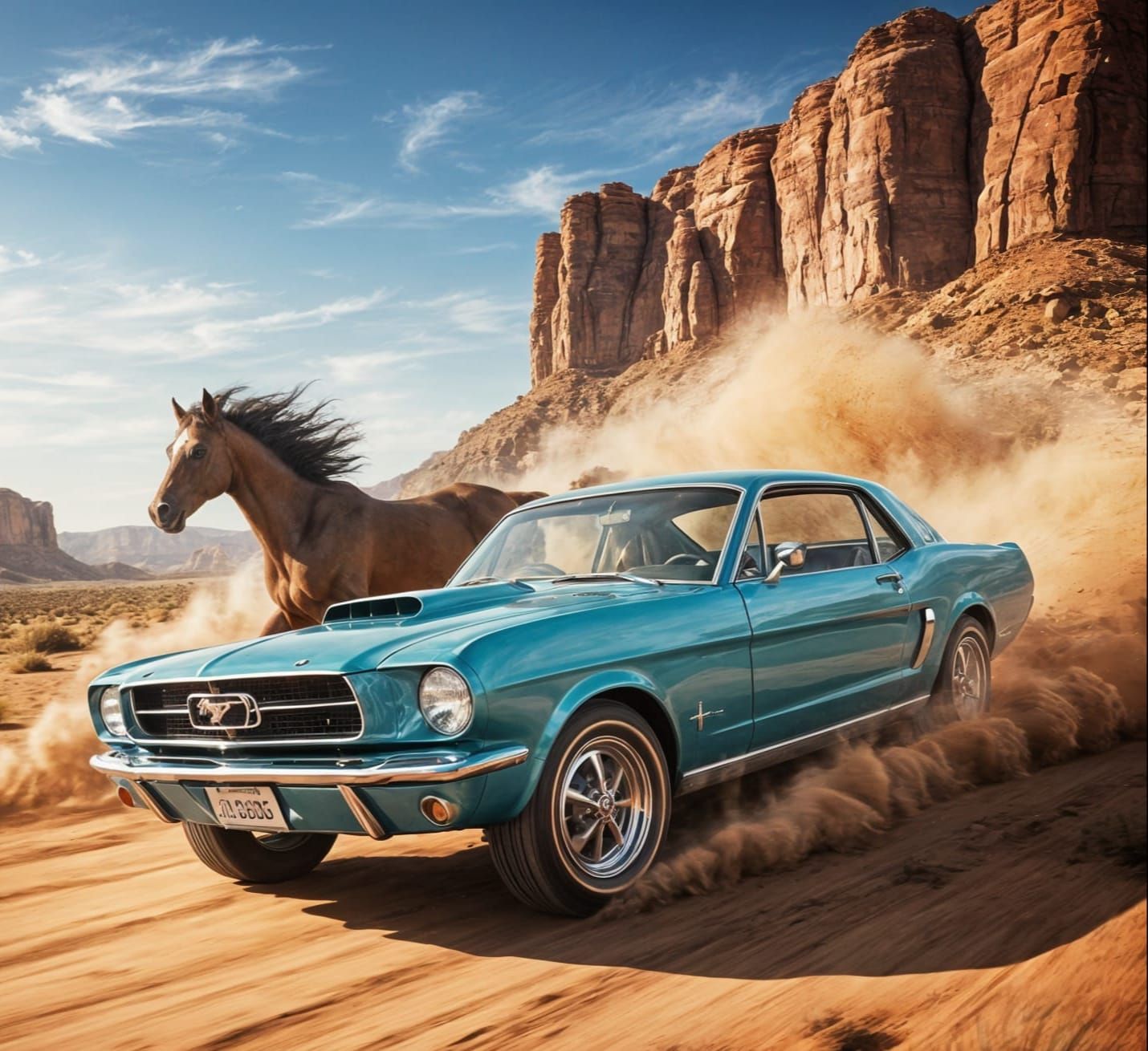 Classic Mustang Car Races Wild Horse in Desert